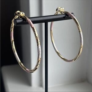 Gold Plated Tri Tone Hoop Earrings Textured Pink White Enamel Hoops Statement